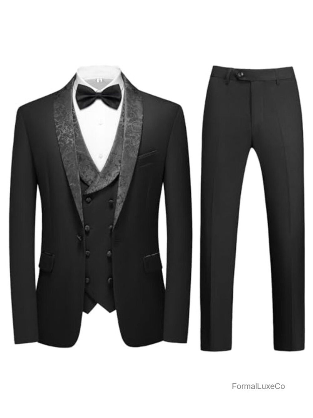 Men's 4 Piece Tuxedo Suit Set Shawl Lapel Double Breasted Vest Bow Tie